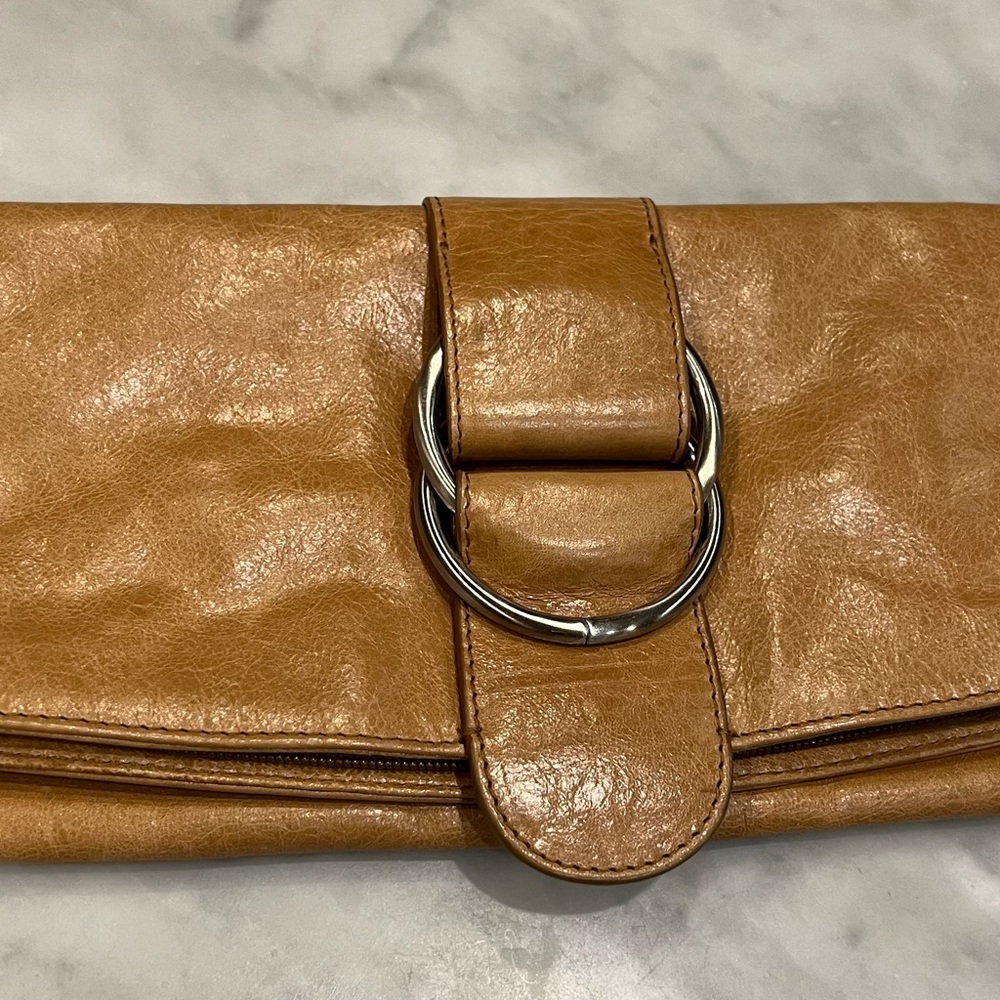 Hobo international fold-over tan leather clutch